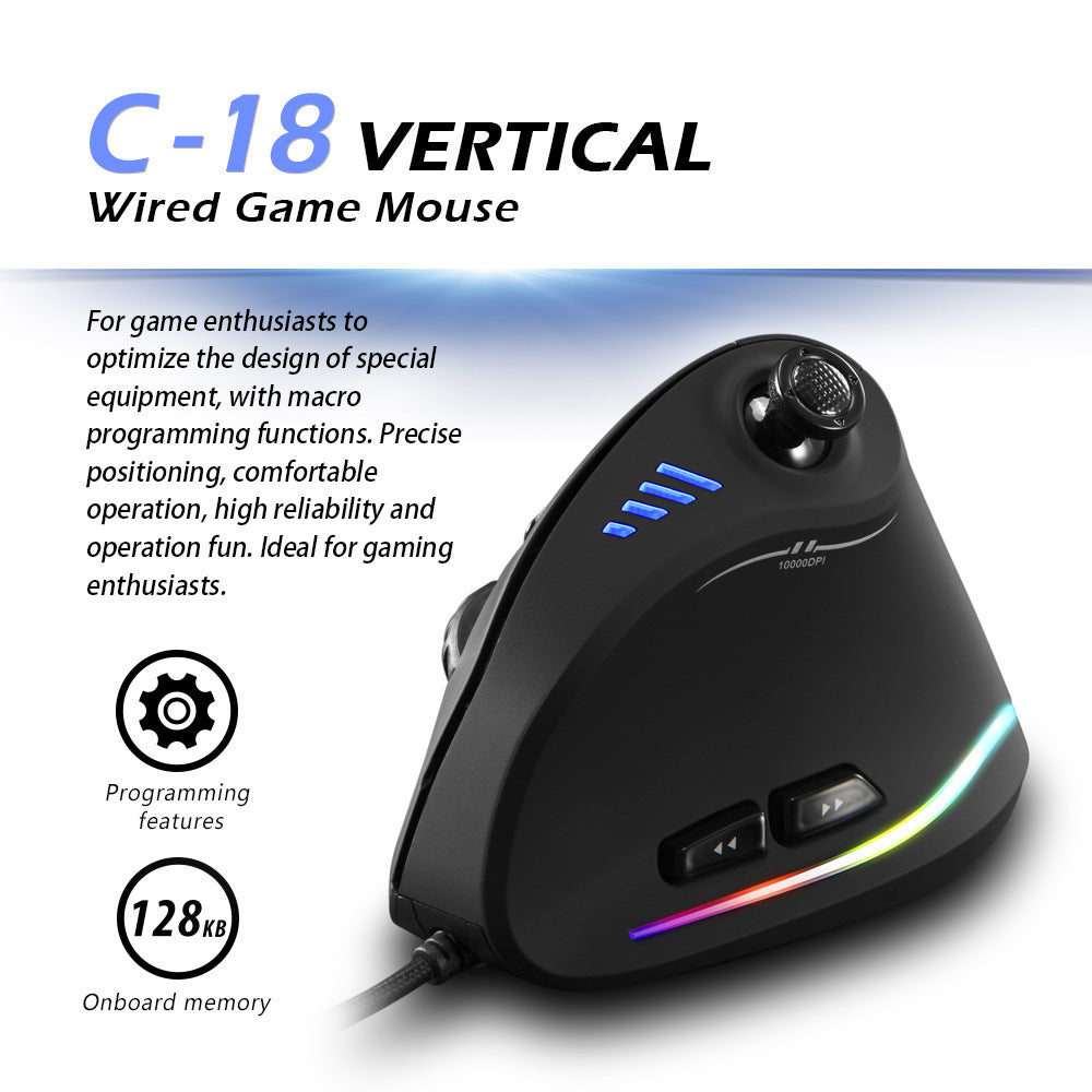 Ergonomic rocker-style vertical mouse with wired USB, optical tracking, macro programming, and customizable RGB — ideal for gaming and work efficiency.