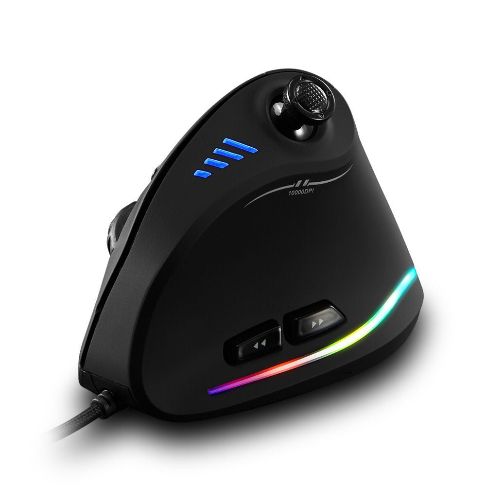 Upgrade your setup with this wired ergonomic vertical gaming mouse, featuring customizable RGB lighting, macro support, and joystick-style grip comfort.